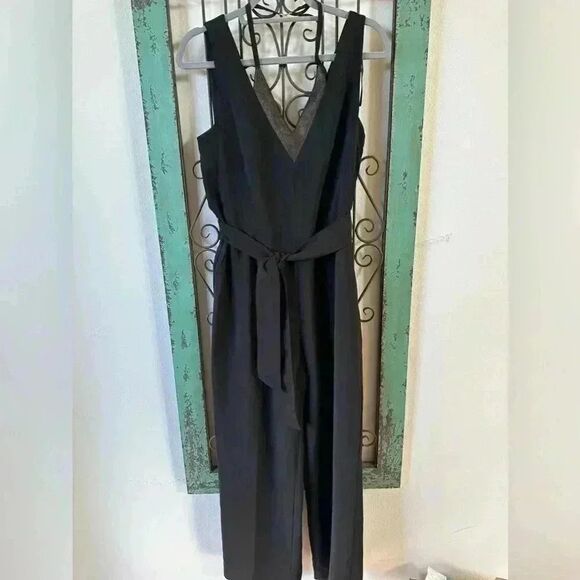 123 Paris bod conscious jumpsuit with bronze inlay. Side pockets, deep V back. - Picture 3 of 9